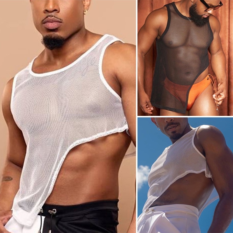 Áo tank top INCERUN cổ tròn không tay lưới xuyên thấu bất đối xứng cho nam