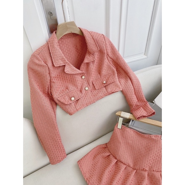 SET ÁO DẠ HỒNG CROPTOP + CHÂN VÁY ĐUÔI CÁ