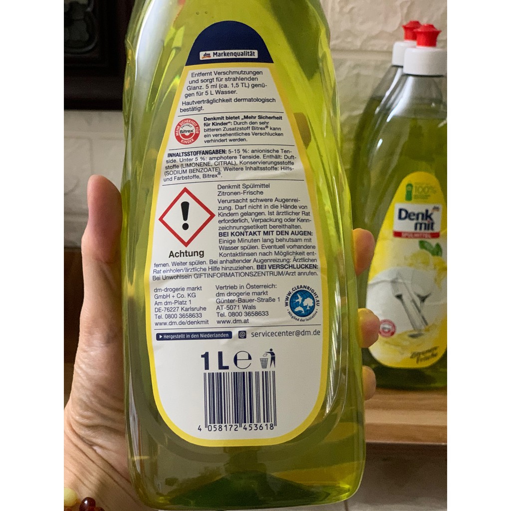 Nước rửa chén bát Denkmit hương chanh tươi chai 1 lít - Nhập Đức