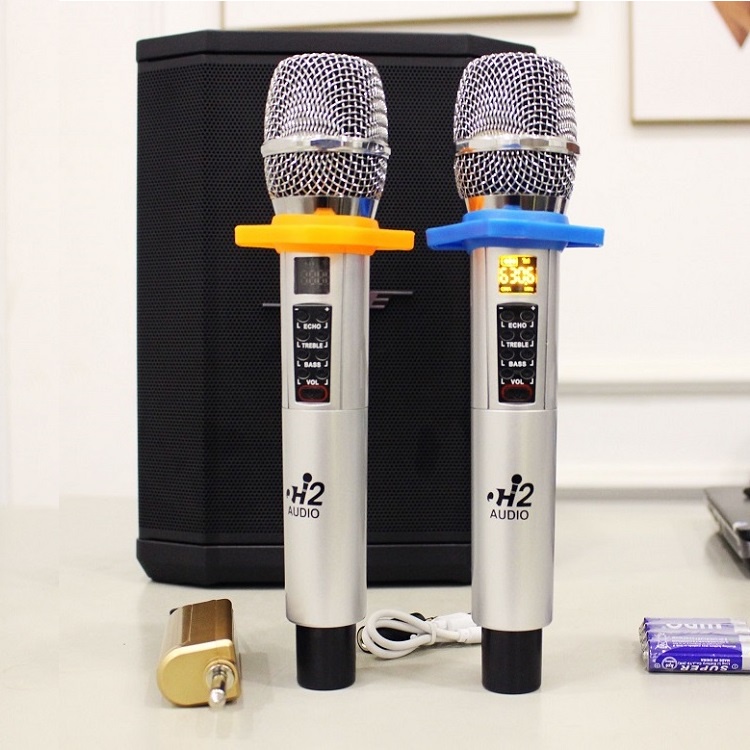 Combo 2 Micro Không Dây Tặng Pin, Chính Hãng H2 AUDIO, Mic Chuyên Hát Karaoke - Chỉnh - ECHO - BASS - TREBLE - Trên Mic