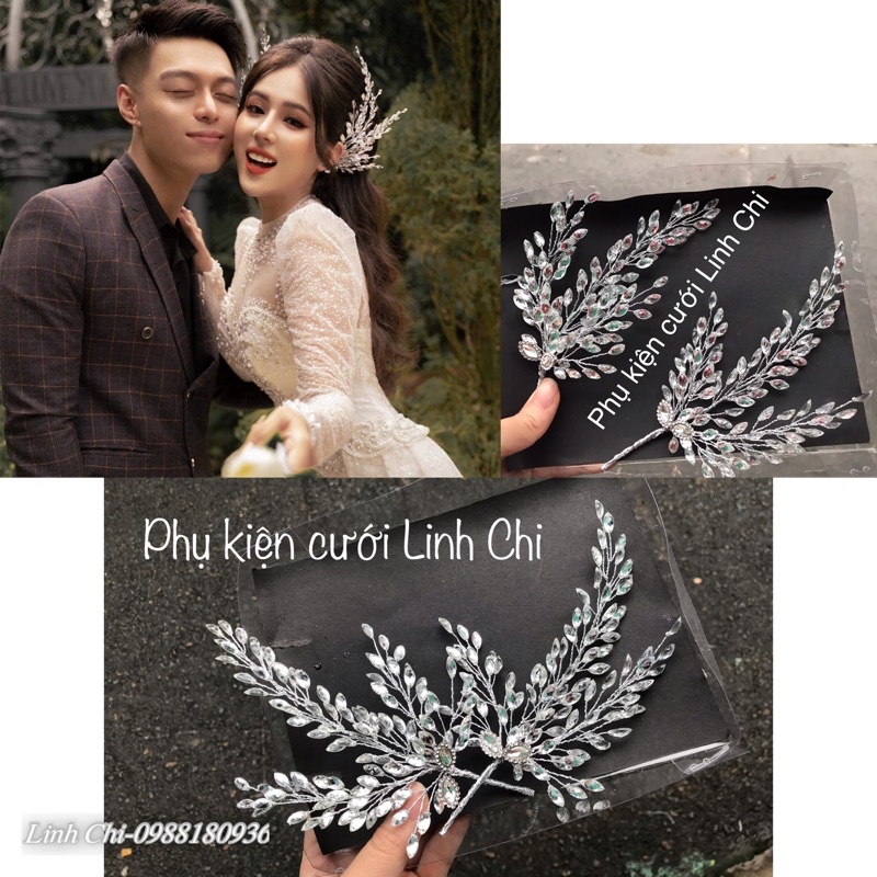 Cài tóc cô dâu hình lá đính đá pha lê lấp lánh – Linh Chi