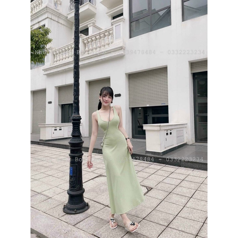 Đầm dáng midi dài thun gân 2 dây cổ V sexy MK