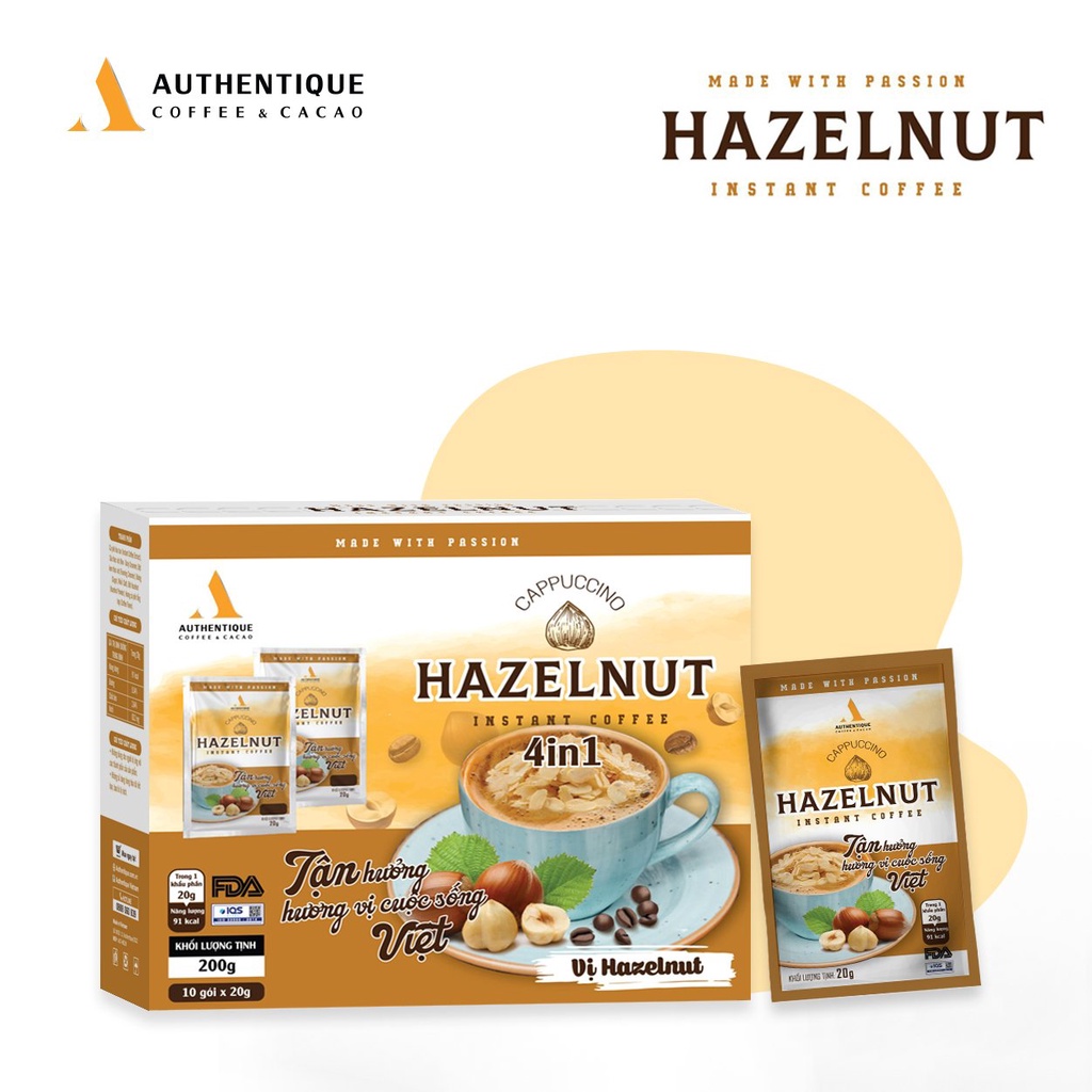 Cà phê hòa tan vị Hazelnut (20G x 10Gói) - Cappuccino Hazelnut | Authentique Coffee