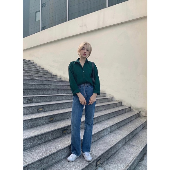 Áo Sơ Mi Tay Dài Xanh Lá Form Rộng Nam Nữ Unisex