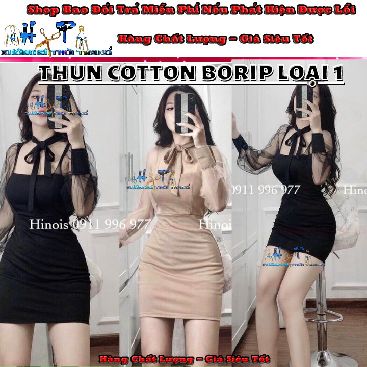 Đầm ôm body thun cotton borip loại 1 cột nơ cổ - tay dài phối lưới mẫu mơi sthời trang 2020