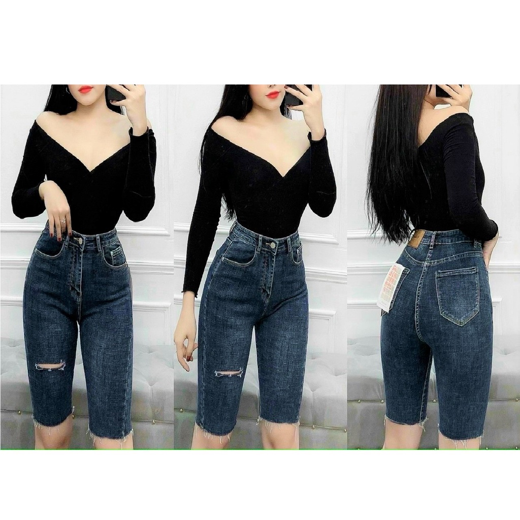 Quần ngố jean co giãn rách gối size trên 55kg form ôm dáng QJ107D