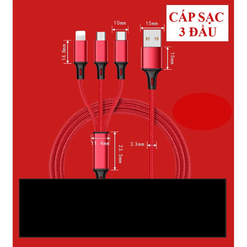 Dây Cáp sạc điện thoại 3 đầu Lightning, Micro USB, Type-C chịu dòng 2,8A siêu tiện dụng