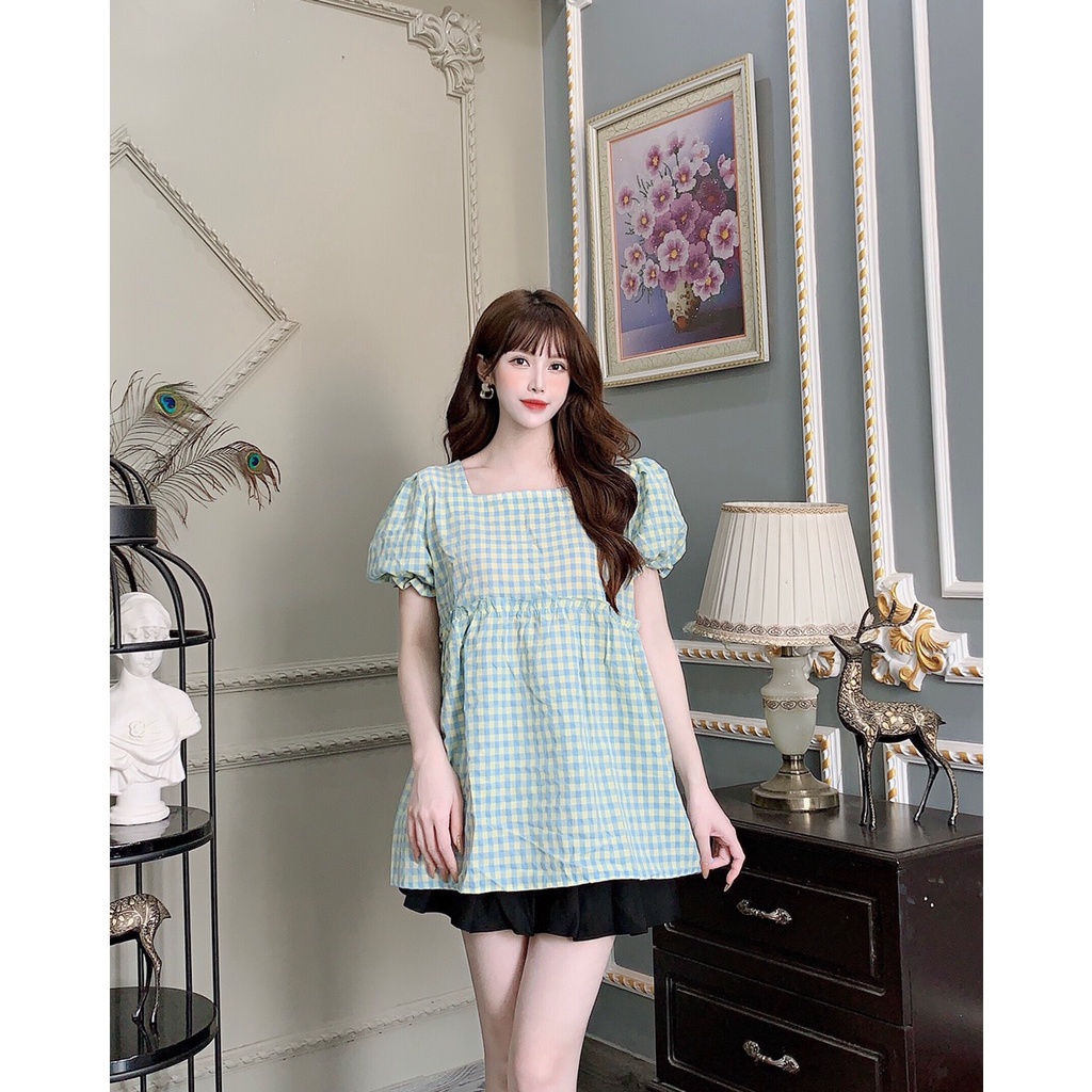 Áo Bầu Kẻ Hàn cổ vuông ,có dây buộc sau lưng siêu điệu đà,tay bồng tiểu thư-freesize 43-68kg