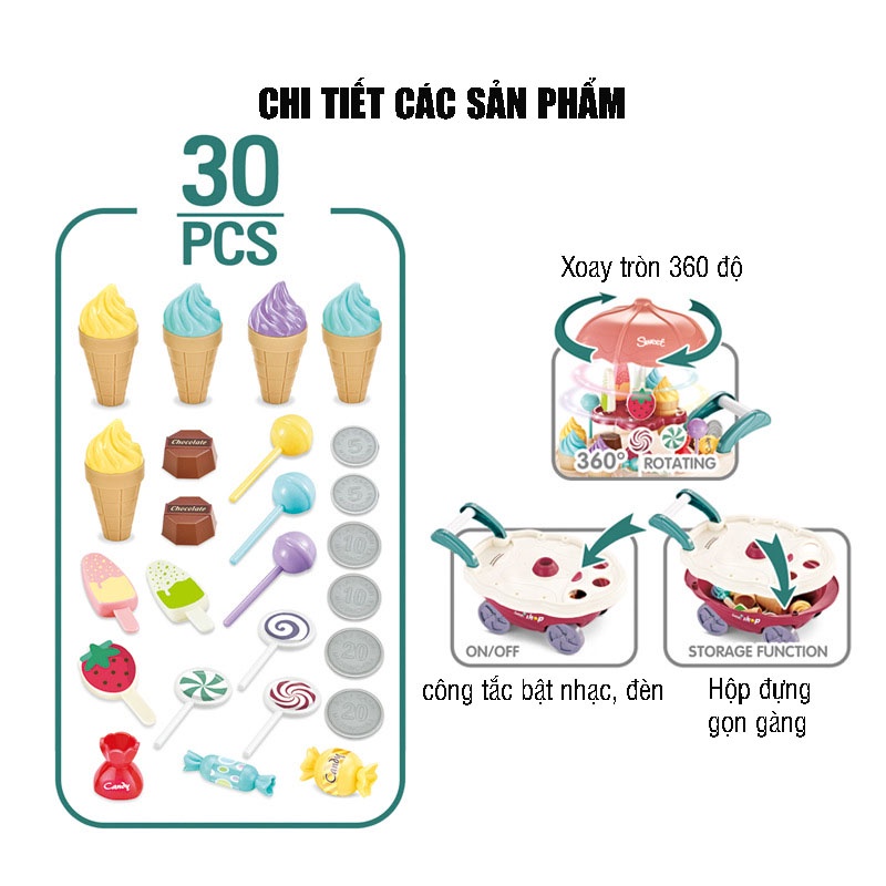 Đồ Chơi Xe Đẩy Kem 2 Tầng chạy pin có đèn có nhạc xoay 360 độ, nhựa ABS cao cấp an toàn cho cho bé