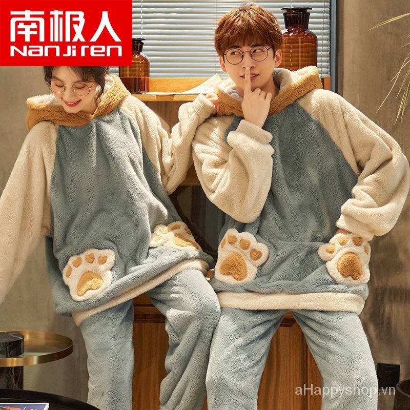 Bộ đồ ngủ vải nhung san hô lông cừu dày giữ ấm thời trang thu đông cho nam và nữ