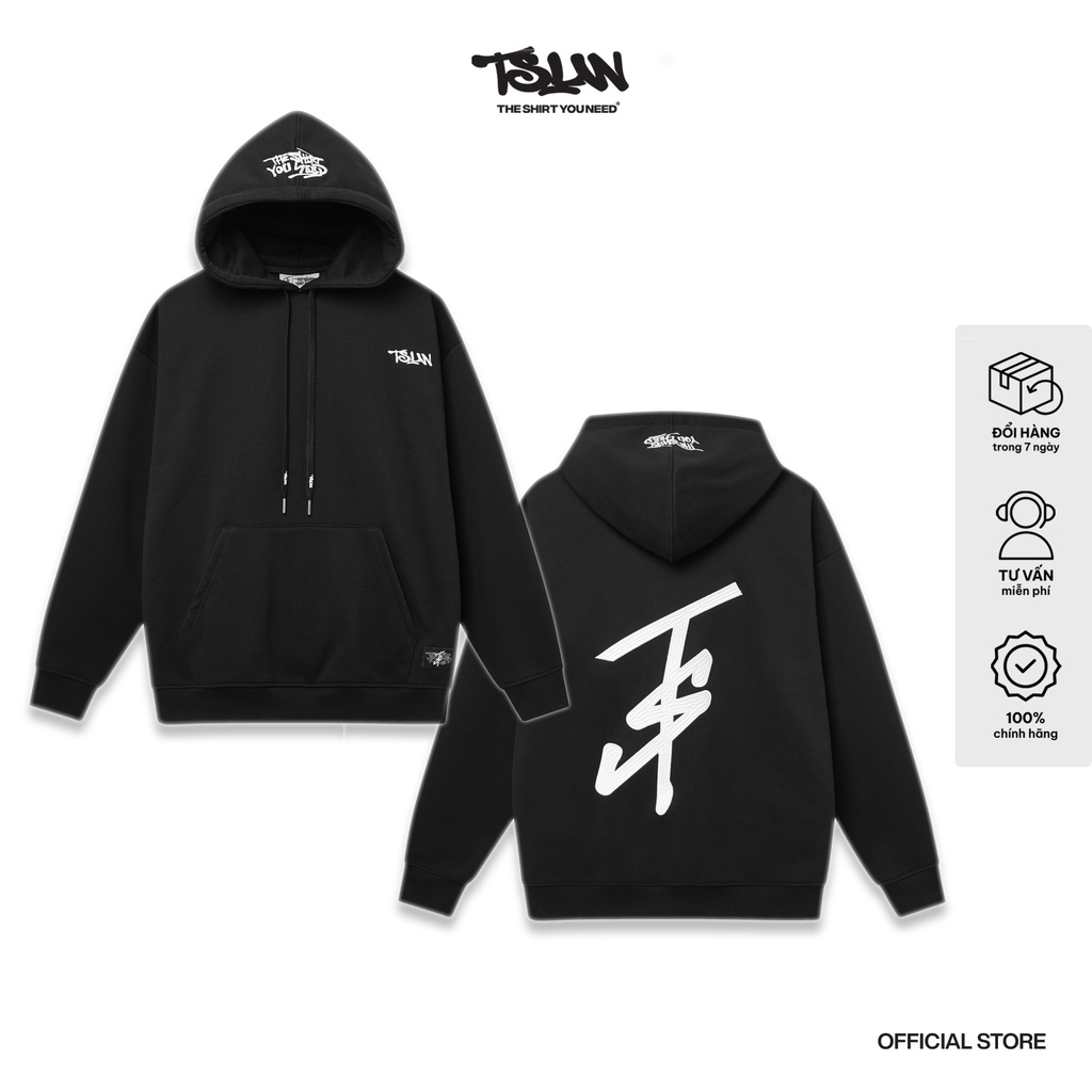 Áo Nỉ Hoodie TSUN BigLogo - Thêu - [UNISEX] - Đen -Thêu trên Nón, In Dây luồng nón