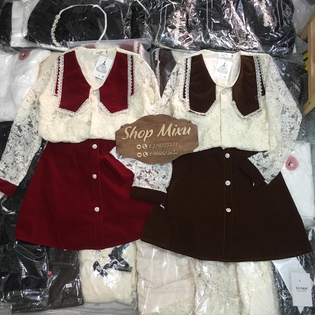 Set áo ren + chân váy nhung hàng đẹp