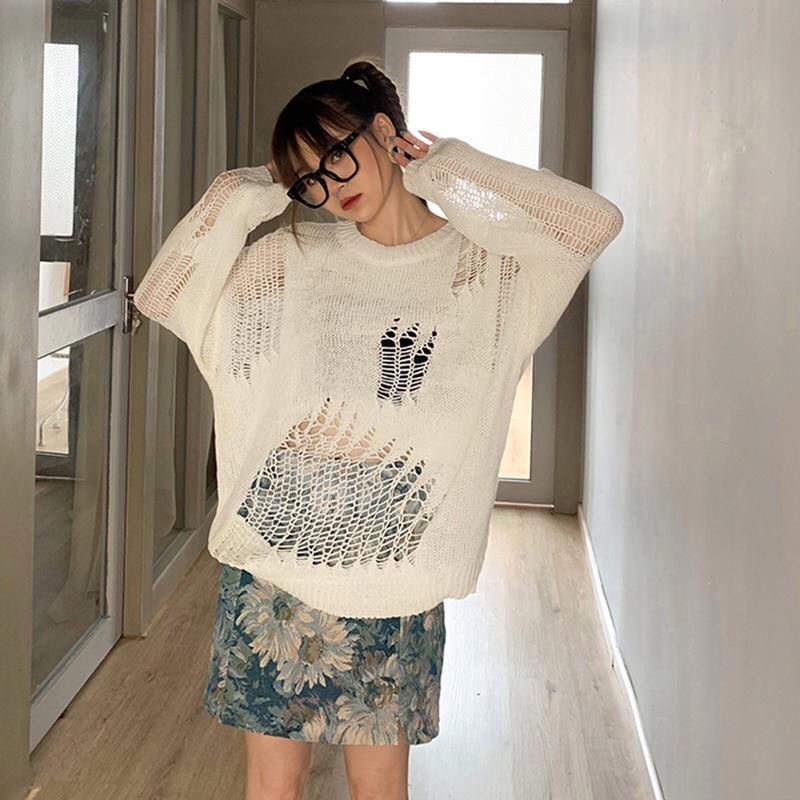 Áo sweater mặc chui đầu phong cách Hàn Quốc thiết kế rỗng thời trang mùa hè tay dài dệt kim mỏng dành cho nữ