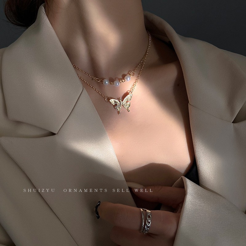 Vòng Cổ Nữ Dây Chuyền Chocker 02 Tầng Layer Vòng Cổ mặt bướm đính đá phong cách Hàn Quốc Giá Rẻ