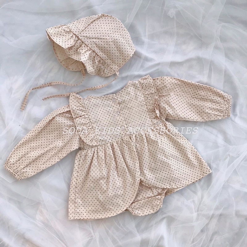 Váy liền chấm bi nhỏ kèm mũ (Ảnh thật)