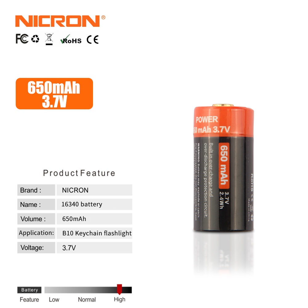 Pin đèn pin Nicron dung lượng cao 16340 Pin Li-ion 16340 650mAh / 3.7v sử dụng trên B10 và C1