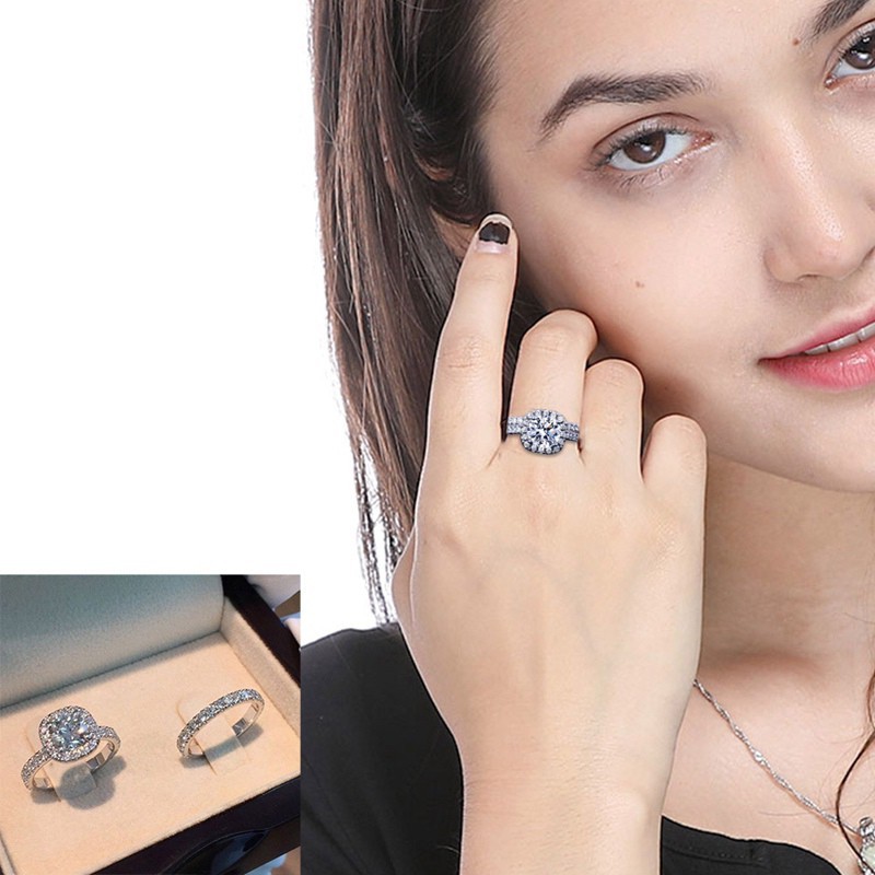 2 cái / Bộ Nhẫn vàng trắng thời trang cho nữ nhẫn đính hôn kim cương đá quý trắng tự nhiên