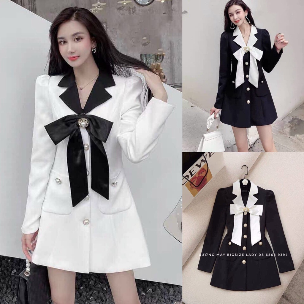 Đầm cổ vest dự tiệc hoạc đi chơi tay dài cỏ nơ ngực cài nút thật ,túi áo thật,chất liệu coton lạnh có 2 màu như hình