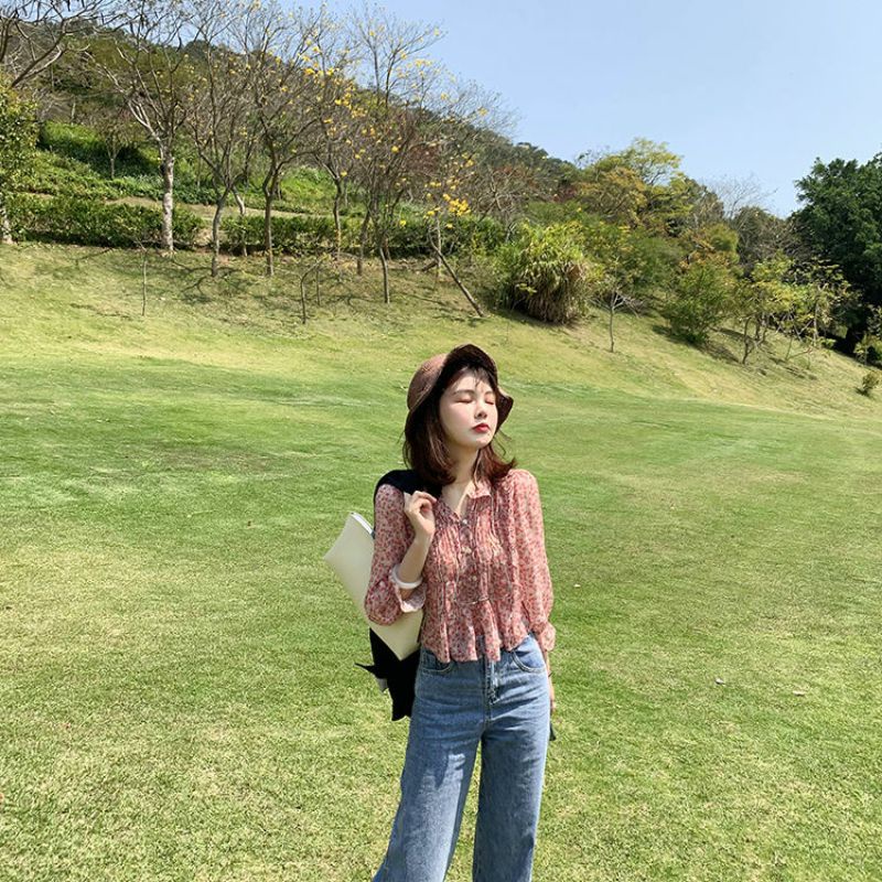 Áo Sơ Mi Nữ Kiểu Tay Dài Hoa Nhí Hàn Quốc Ulzzang