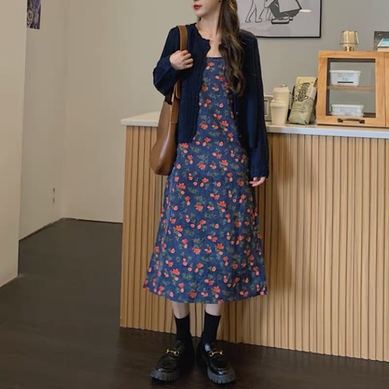 Váy hai dây hoa nhí vải nhung tăm suông A  VKE 9176-9 Ulzzang style 🌸 Hàng Quảng Châu