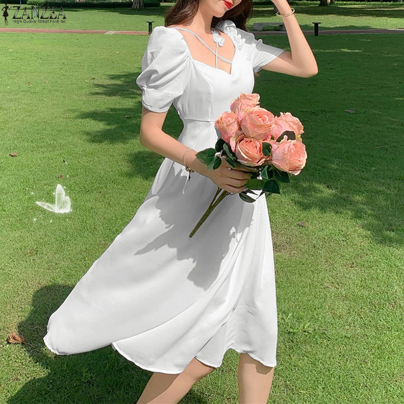 Đầm ZANZEA dáng dài tay phồng cổ vuông thời trang Hàn Quốc cho nữ