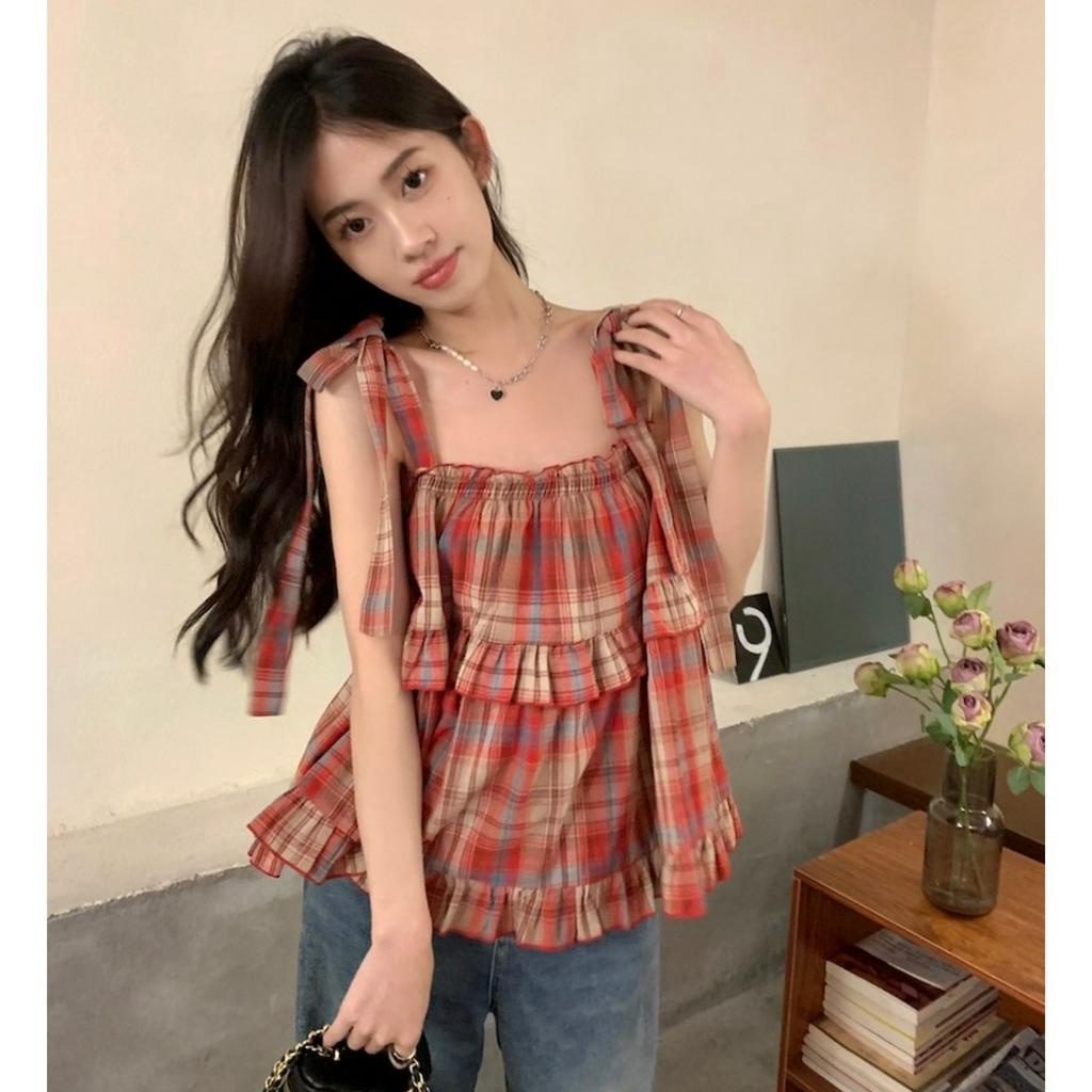 Áo kiểu nữ, Áo babydoll chất thô dây nữ kẻ caro vintage Hàn Quốc SM172