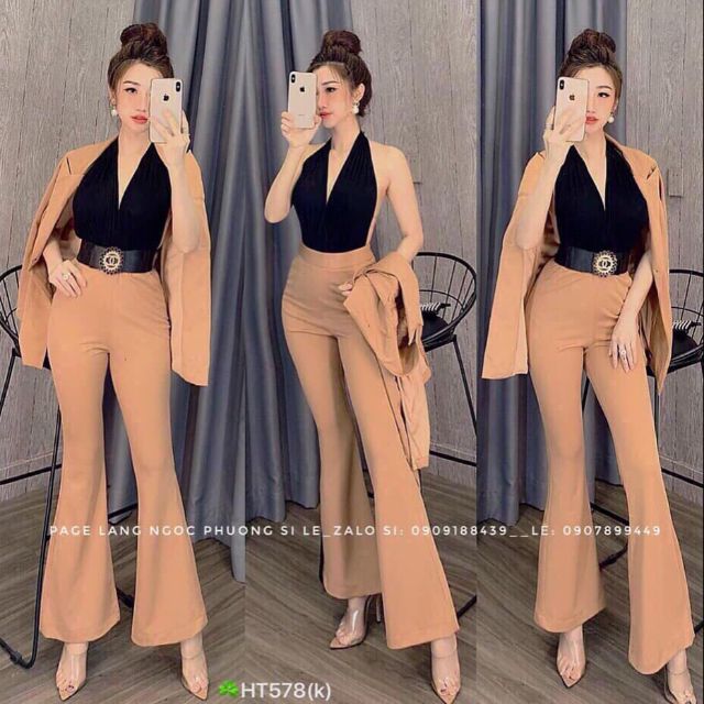 Jumsuit dài cổ yếm ống loa + áo vest sang chảnh 💐Chất liệu : sattin + cotton lạnh mịn đẹp