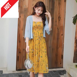 Set Đầm midi 2 Món Họa Tiết Hoa Lá Phối Đầm Hai Dây Thời Trang Đi Biển Mùa Hè