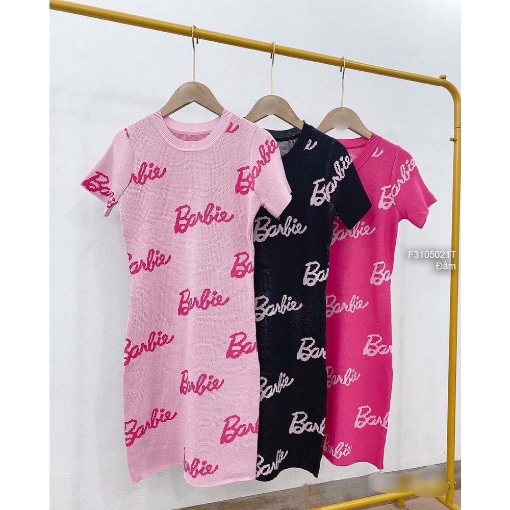 Đầm body len dáng ngắn họa tiết chữ barbie cổ tròn tay con hàng QC!