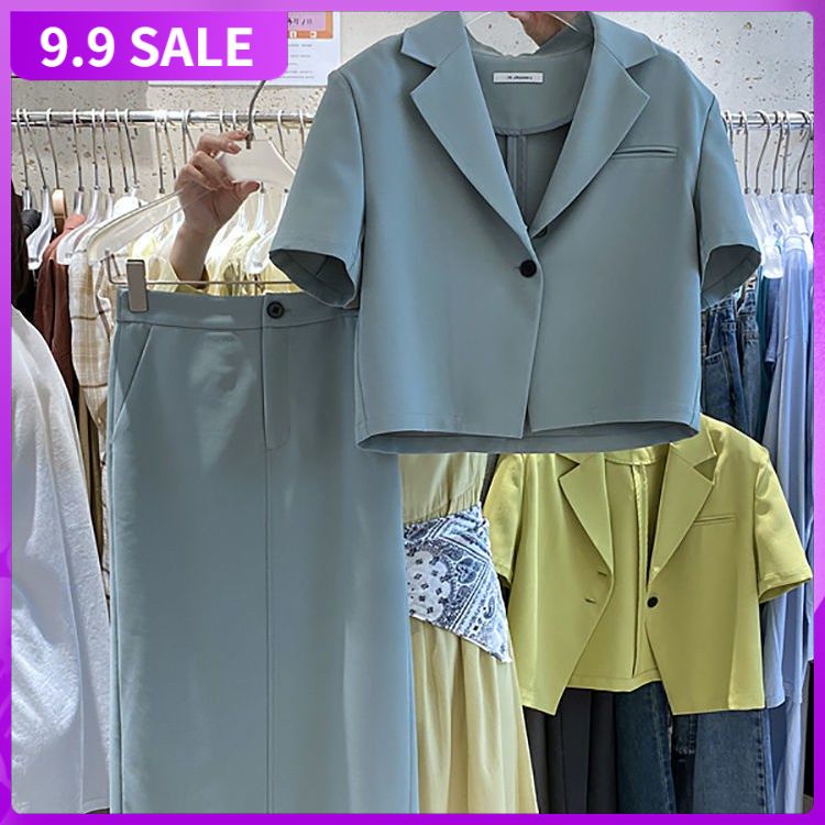 Set Áo Thun Tay Ngắn Màu Trơn + Chân Váy Lưng Cao Thời Trang Hàn Mới 2021