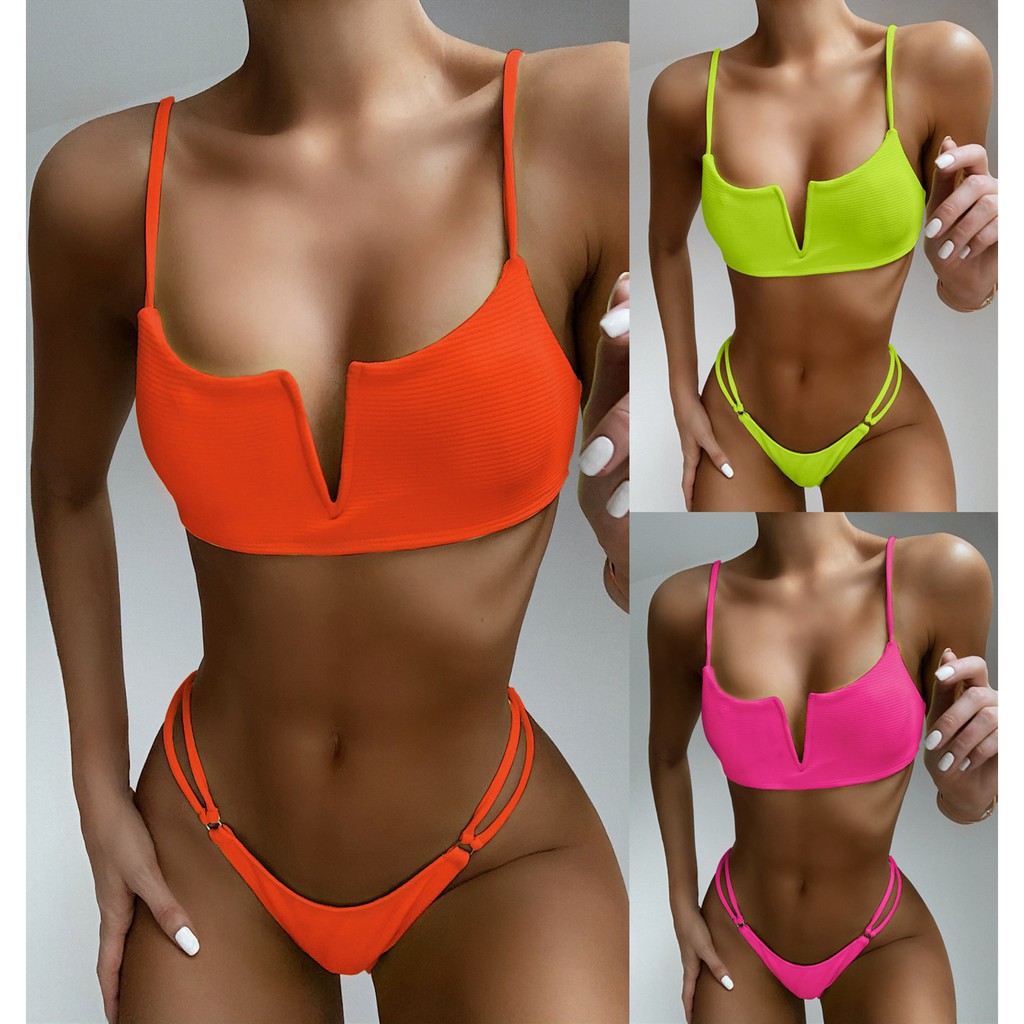 [BKN597] &lt;ÂU&gt; SET BIKINI CỔ V VẢI GÂN XANH NEON/CAM/HỒNG