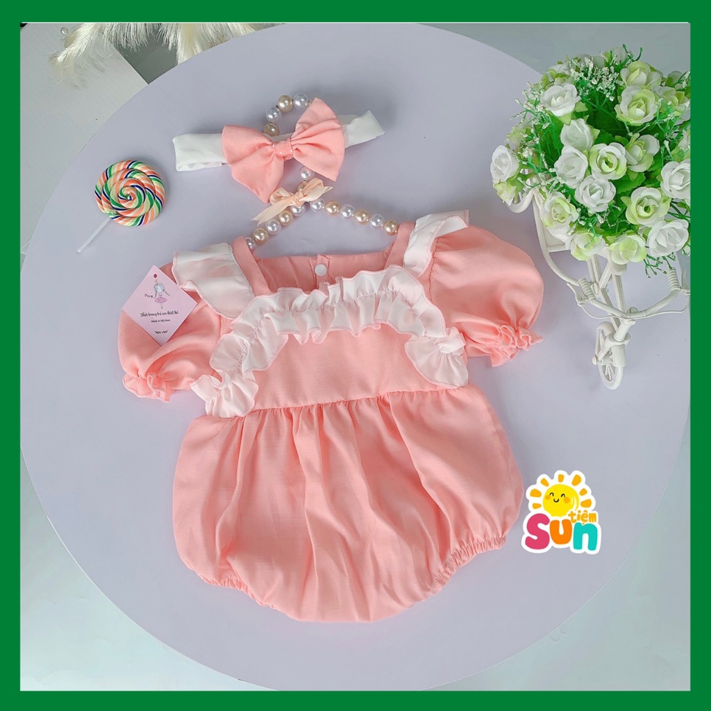 𝗧𝗮̣̆𝗻𝗴 𝘁𝘂𝗿𝗯𝗮𝗻 Body cộc tay cho bé gái size 4-10kg, vải đũi lạnh mềm mát, hàng thiết kế xịn đẹp, B hồng cổ cách điệu