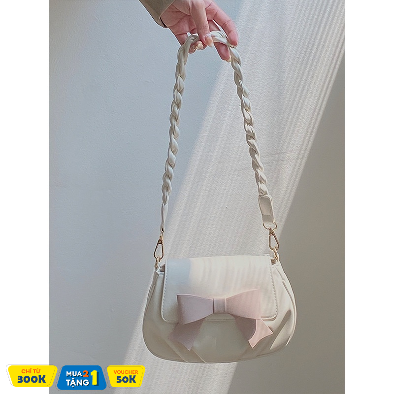 Túi Xách Nữ Đeo Chéo Đi Chơi Chất Da Phong Cách Tiểu Thư Gắn Nơ Cute