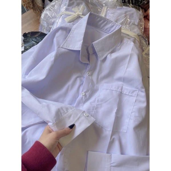 Sơmi trắng xanh tay dài form rộng