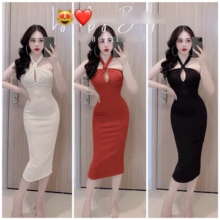 Đầm yếm xoắn cột cổ dáng dài chất xốp đẹp