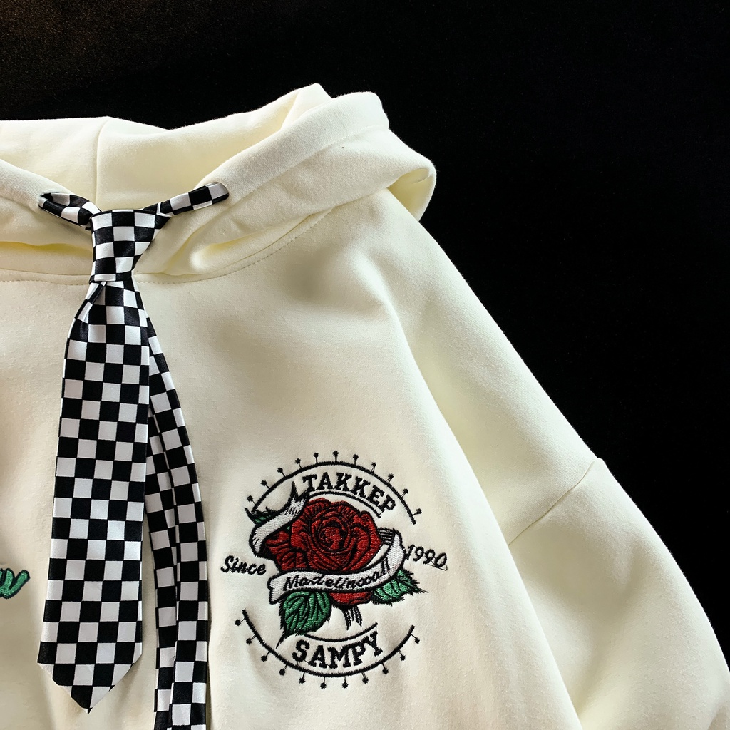 ZHELIHANGFEI Áo len trùm đầu in họa tiết hoa hồng phong cách đại học rộng rãi