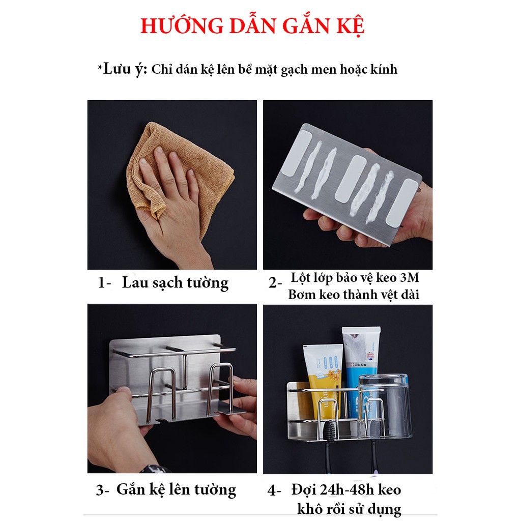 Kệ Inox SUS 304 Dán Tường Đựng Bàn Chải, Kem Đánh Răng (3 ngăn)