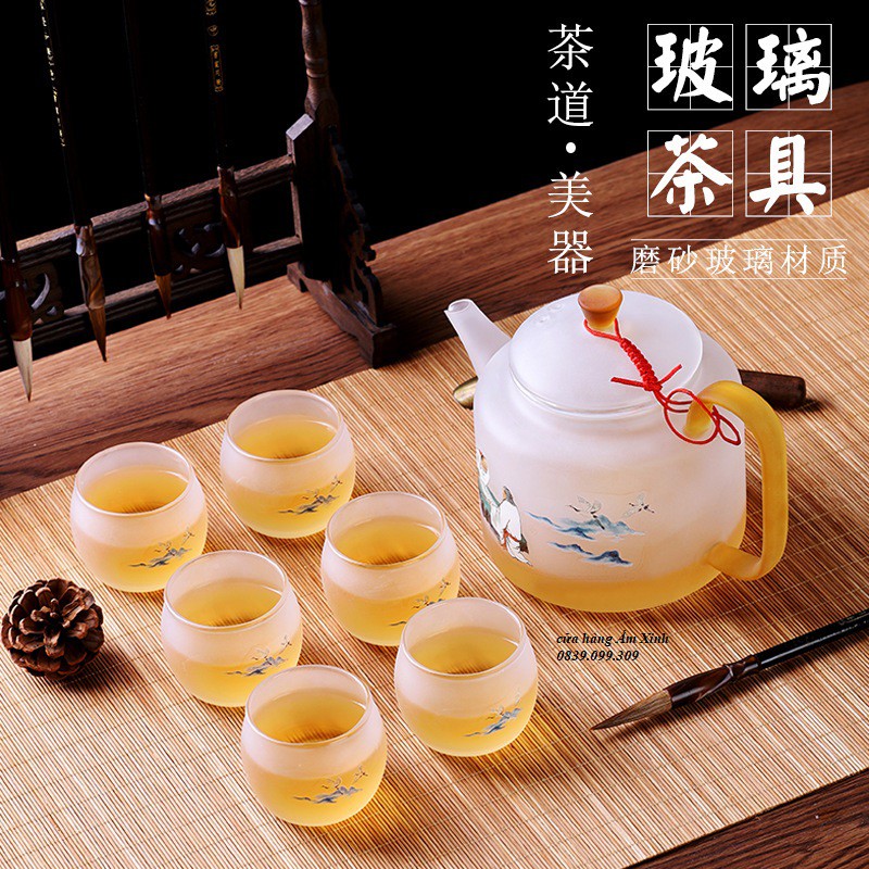 Bộ ấm chén pha trà bằng thủy tinh chịu nhiệt cao cấp (họa tiết Thần Trà Lục Vũ thưởng trà)