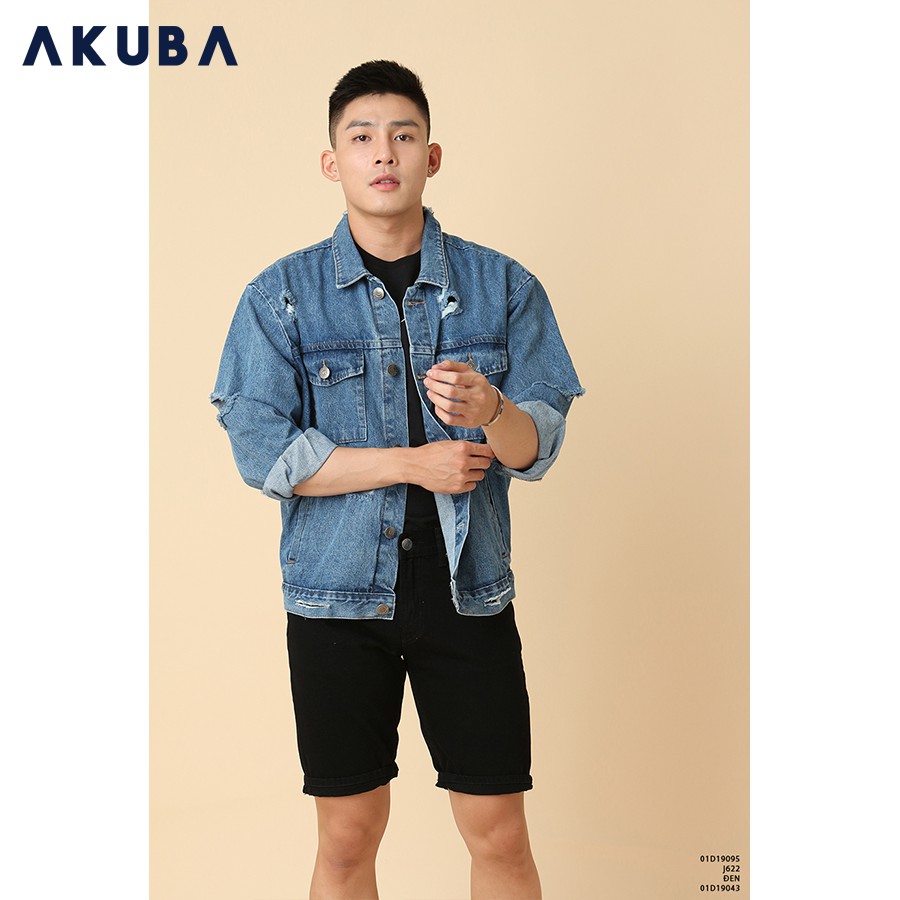 Áo khoác jean nam rách AKUBA form slimfit, độ rộng vừa phải chất liệu jean dày dặn, phong cách Hàn Quốc 01D0145