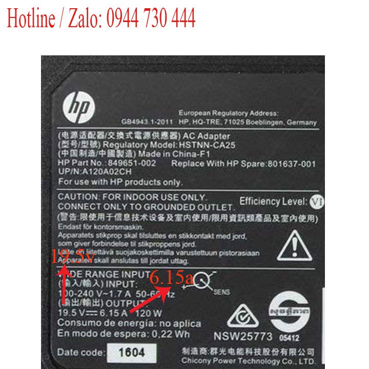 Sạc laptop HP 19.5v 6.15a chân kim to bh 1 năm