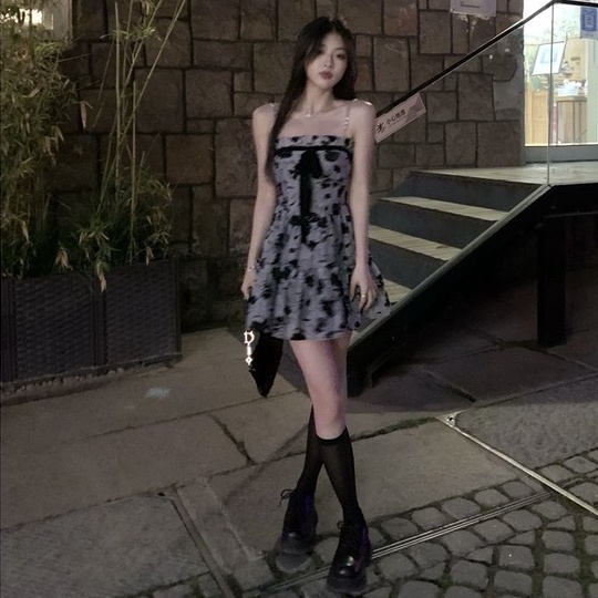 Đầm hoa hai dây ZHELIHANGFEI thắt nơ dáng ngắn thời trang quyến rũ cao cấp