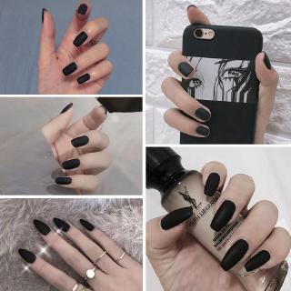 Bộ 24 Móng Tay Giả Đầu Nhọn Dạng Keo Loại Dài Màu Đen Nhám