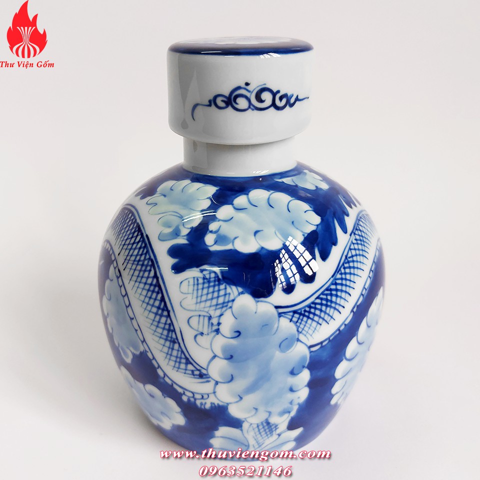 Bộ ấm chén Bát Tràng men lam vẽ long ẩn