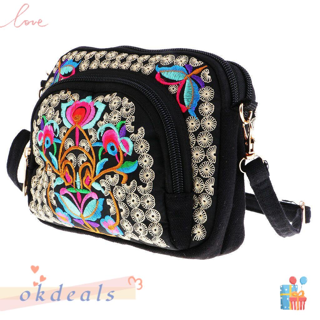 Túi Đeo Chéo Vải Canvas Thêu Họa Tiết Thổ Cẩm Phong Cách Boho Cổ Điển Đựng Điện Thoại