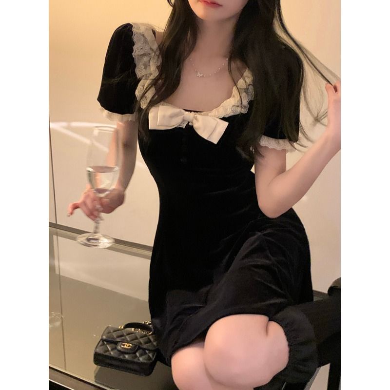 Đầm Nhung Ngắn Tay Dáng Ôm Thắt Nơ Eo Thời Trang Mùa Hè Dành Cho Nữ