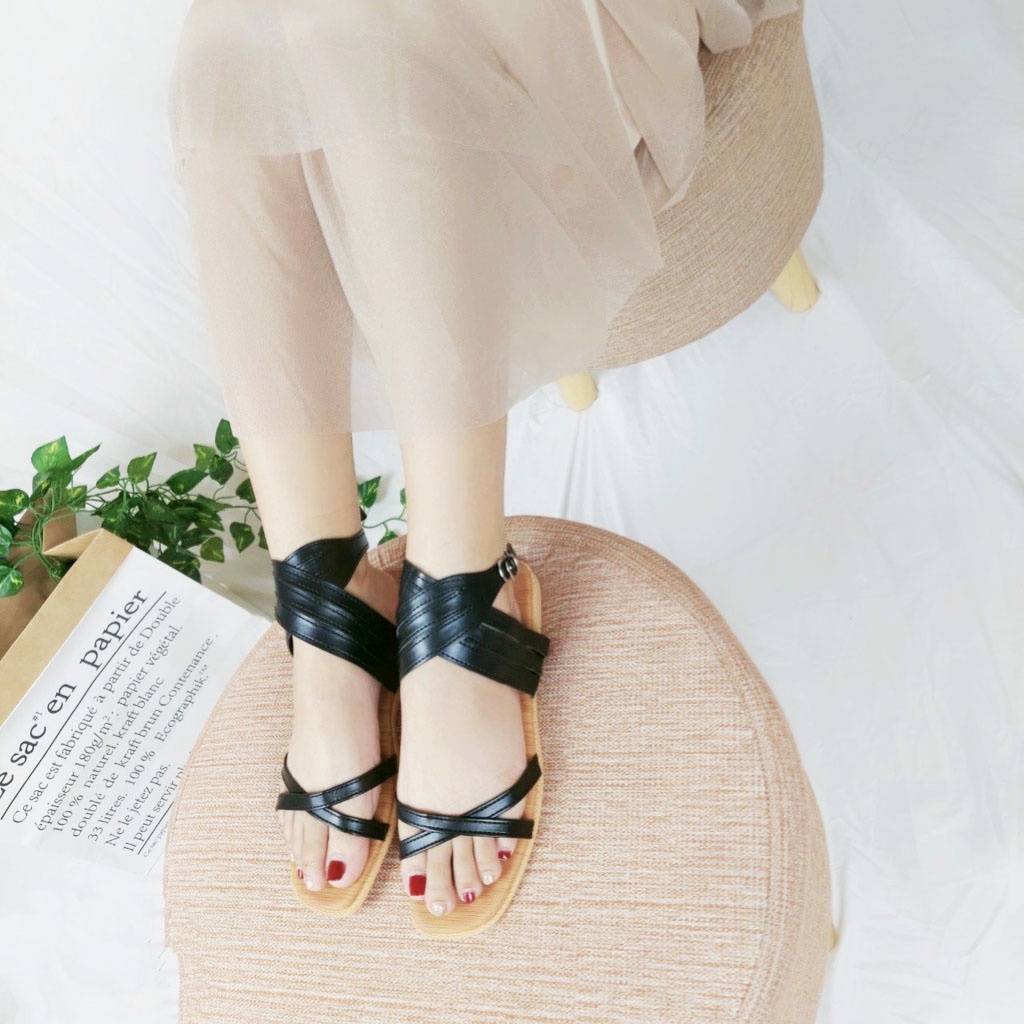 Sandal nữ đế bằng quai chéo phong cách hiện đại đi chơi đi biển