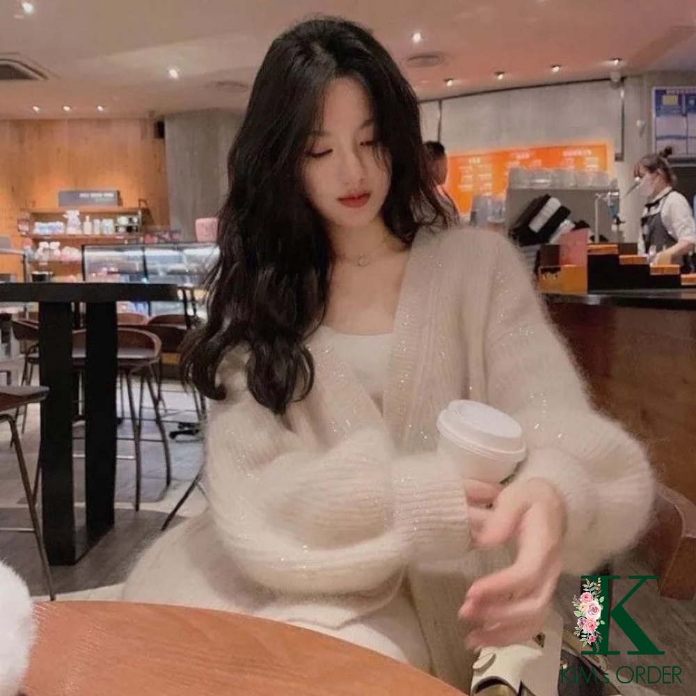Áo Len Cadigan Kim Tuyến Nữ Dài Tay Màu Be Xanh Dáng Rộng Phong Cách Tiểu Thư Hàn Quốc Nhẹ Nhàng Nữ Tính Chất Loại 1