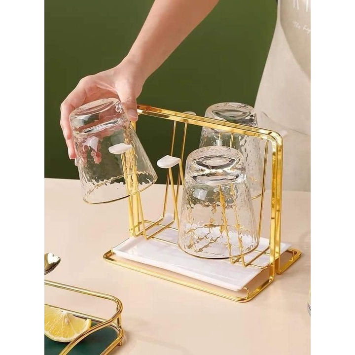 Khay Úp Cốc Hợp Kim Mạ Vàng, Khay Úp Cốc Inox Cao Cấp - Có Khay Hứng Nước