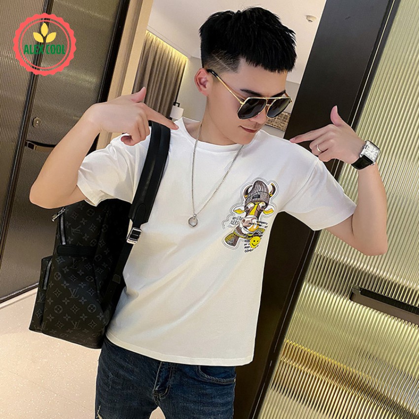 Áo thun nam, áo phông nam tay ngắn cổ tròn chất cotton co giãn 4 chiều hình đầu bò vàng alex cool