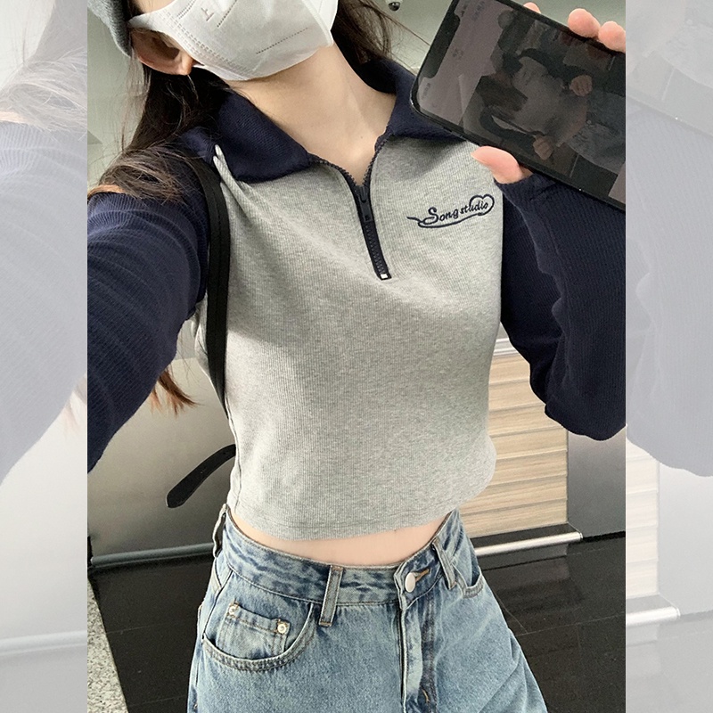 ZHELIHANGFEI Áo Thun Dệt Kim Tay Dài Cổ POLO Quyến Rũ Hợp Thời Trang